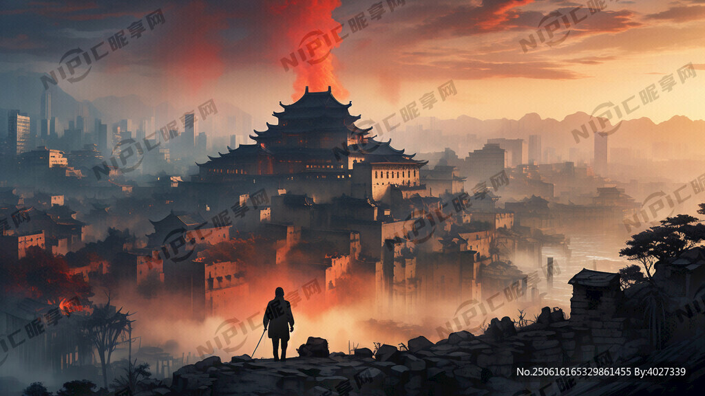 夕陽西下 戰時 中國某地的古城