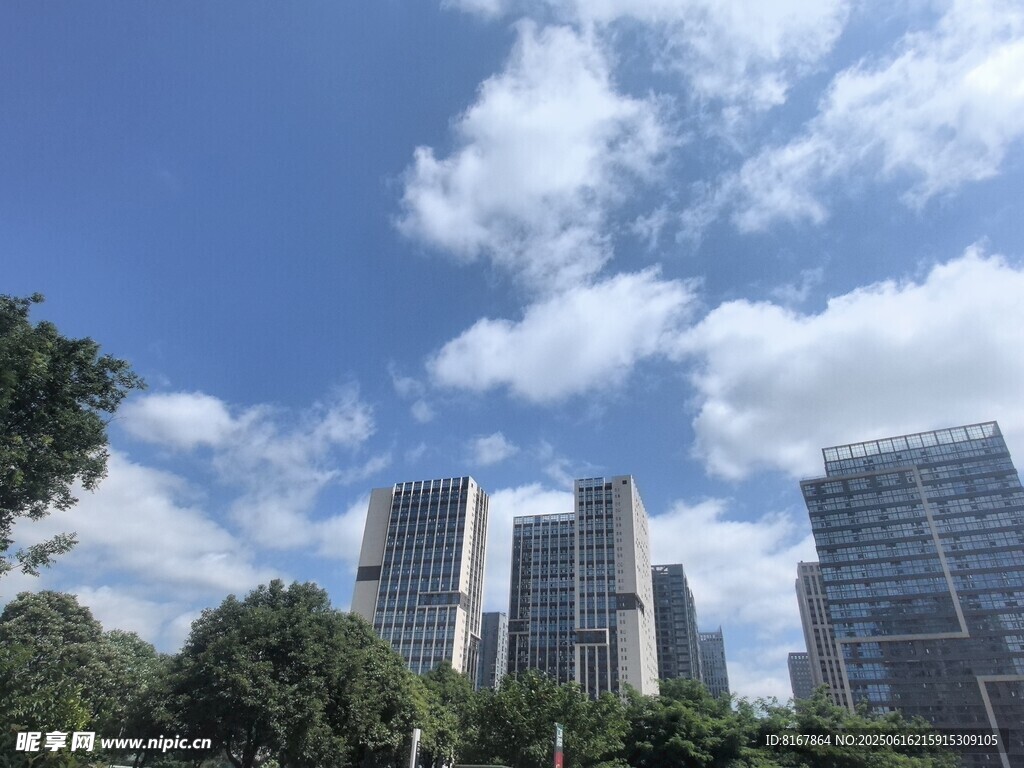 城市高樓與藍天綠樹景觀