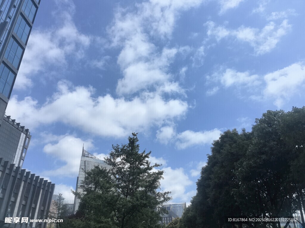 城市藍天綠樹風景圖