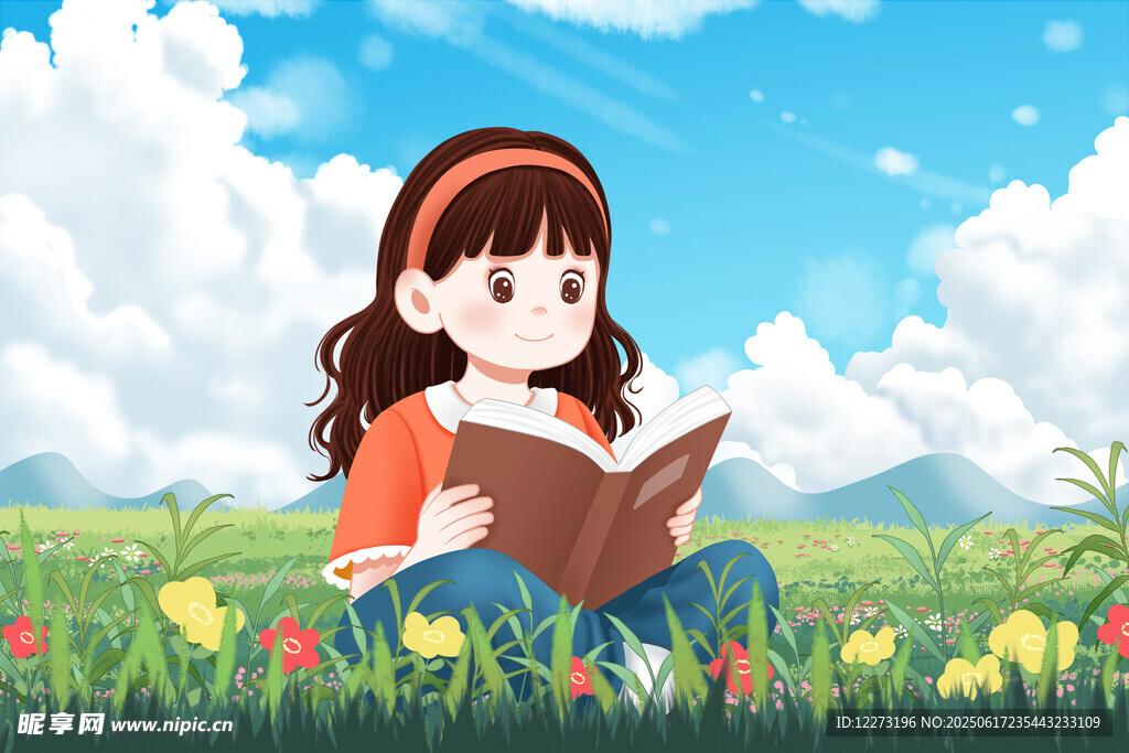 女孩在花叢中專注讀書