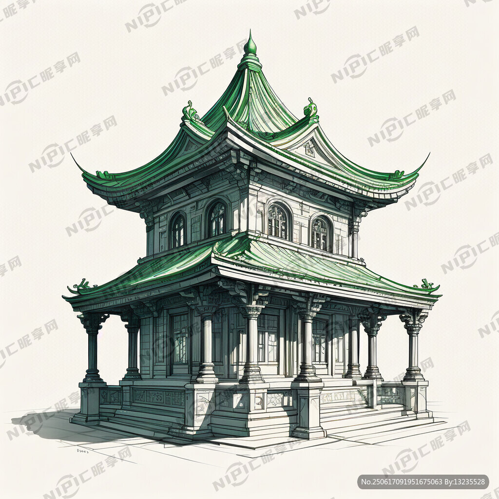六角亭 立面 簡筆圖 屋頂綠瓦