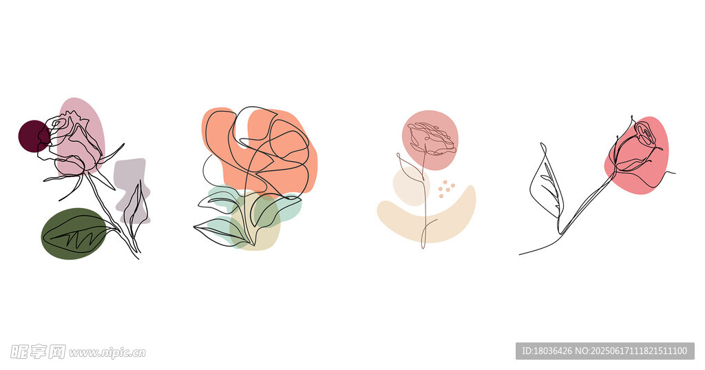 連續線條玫瑰花卉極簡主義png