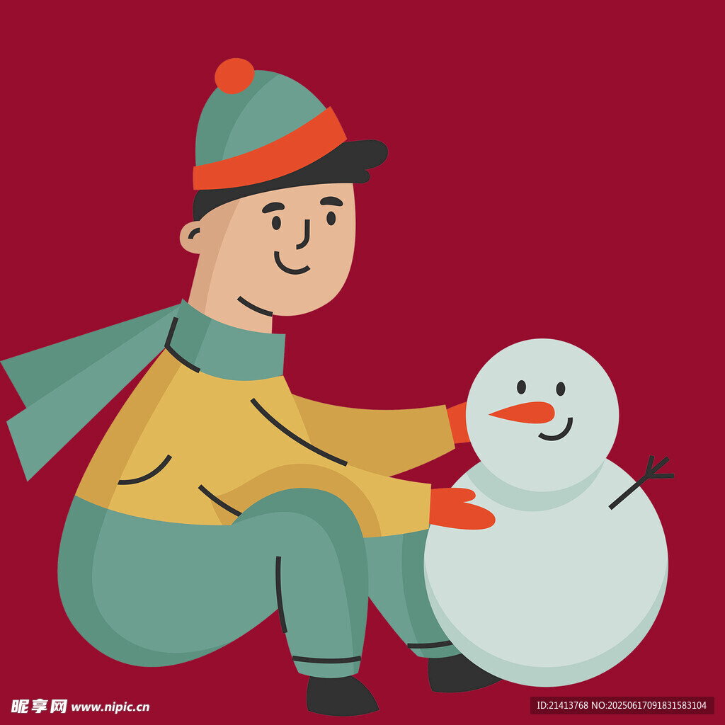 男孩開心堆雪人