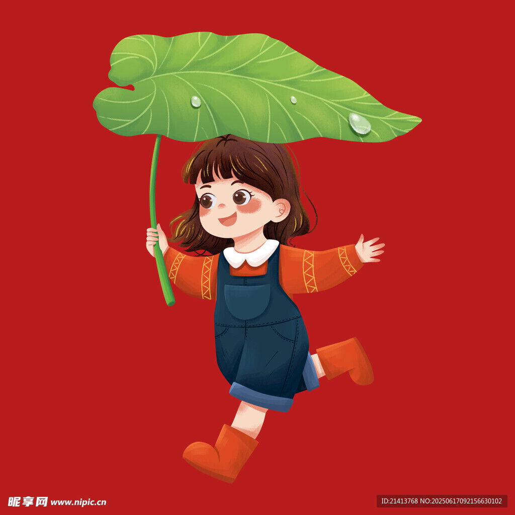 撐葉奔跑的快樂小女孩