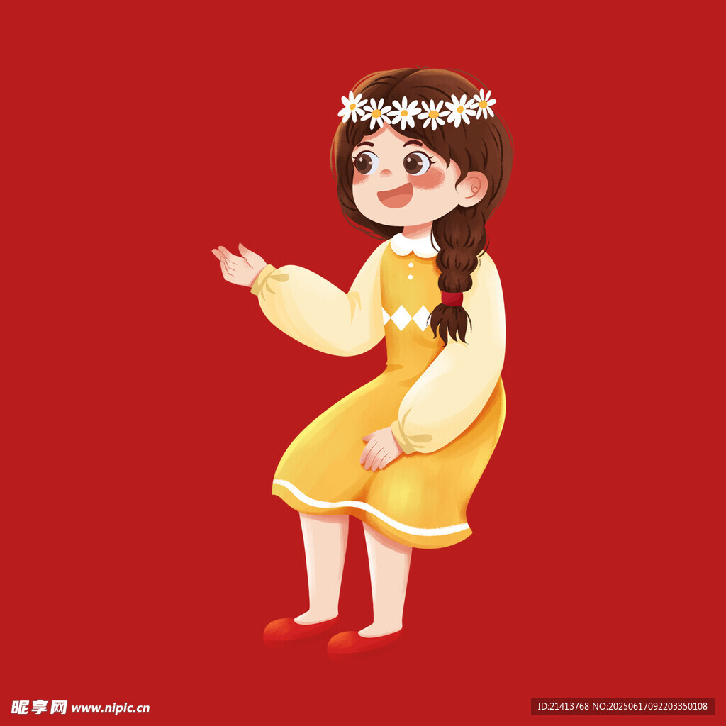 穿黃裙戴花環的俏皮女孩