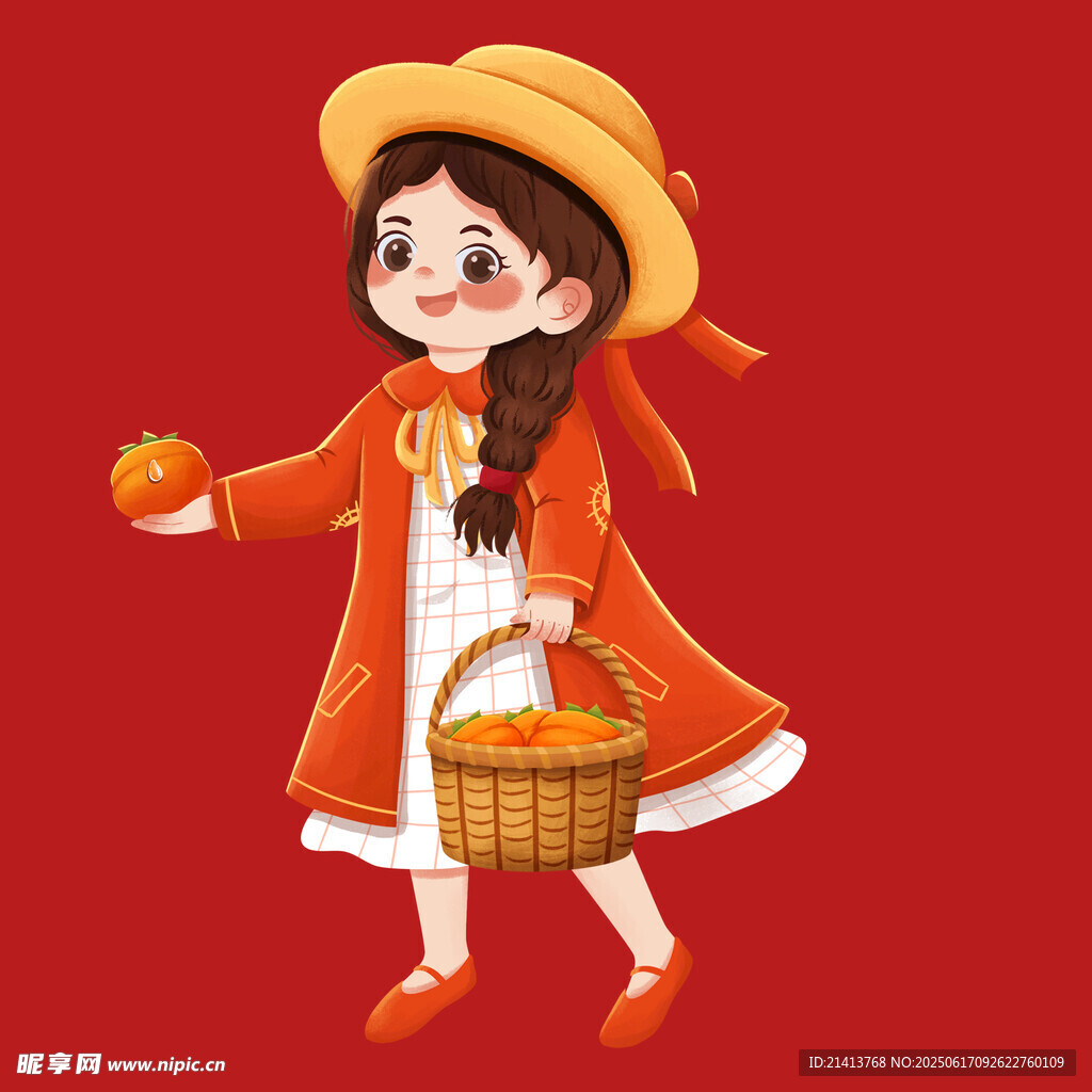 秋日女孩提籃摘果