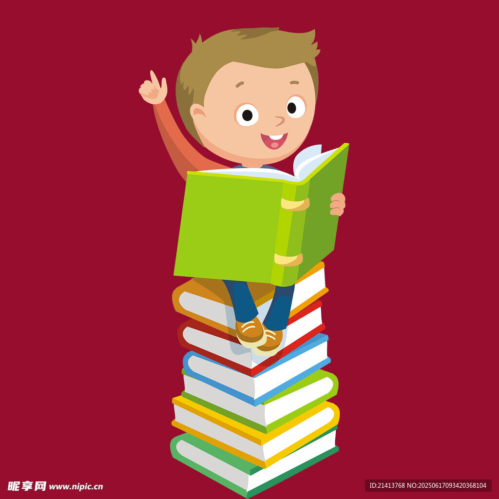 小男孩坐書堆開心閱讀