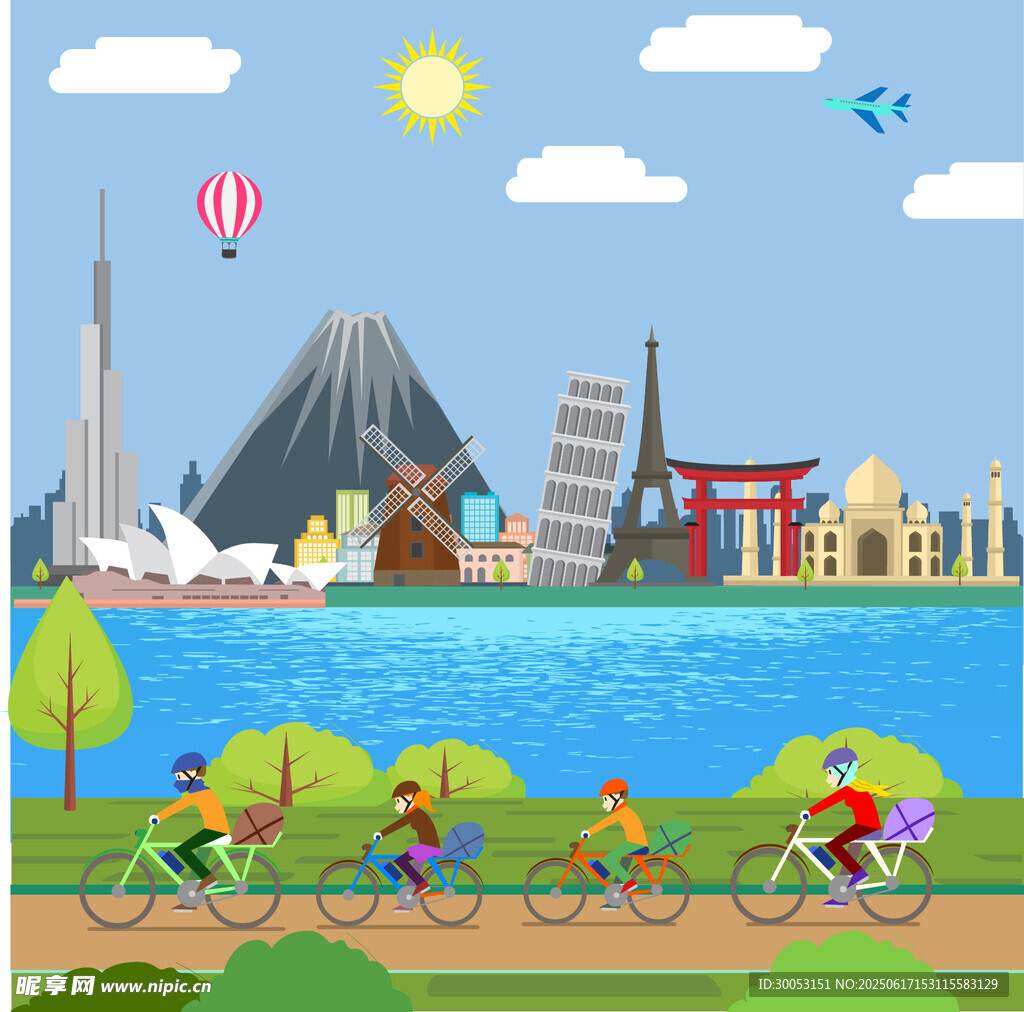 城市湖畔騎行風景