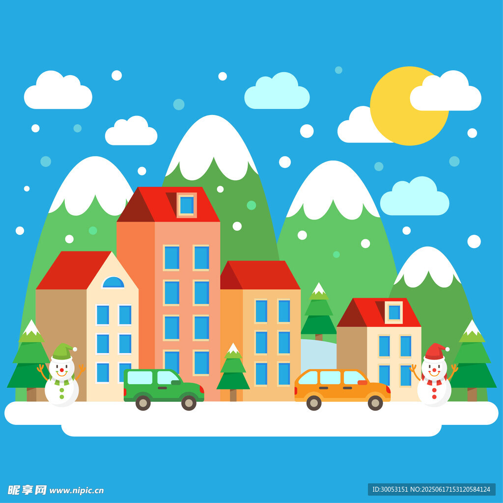 冬日小鎮雪景中的多彩建筑