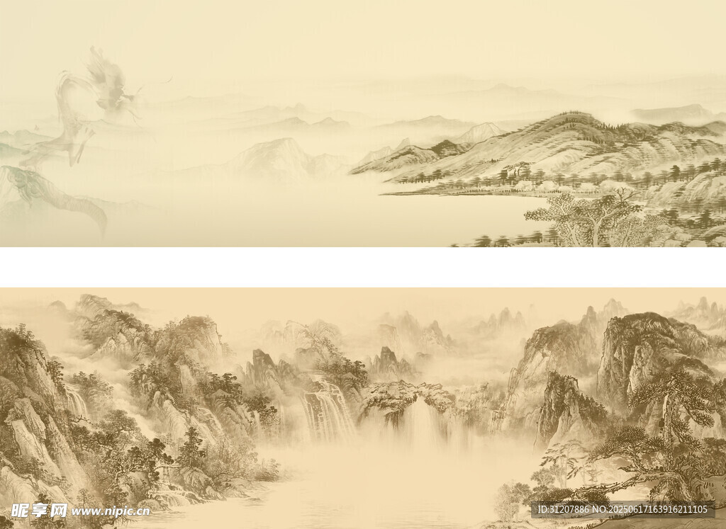 泛黃山水畫背景
