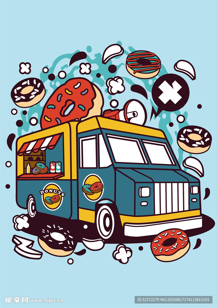 卡通風格的美味甜甜圈餐車