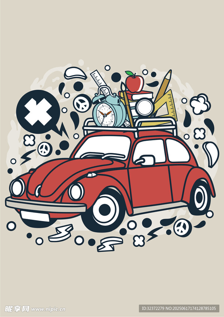 復(fù)古紅車與多彩元素插畫