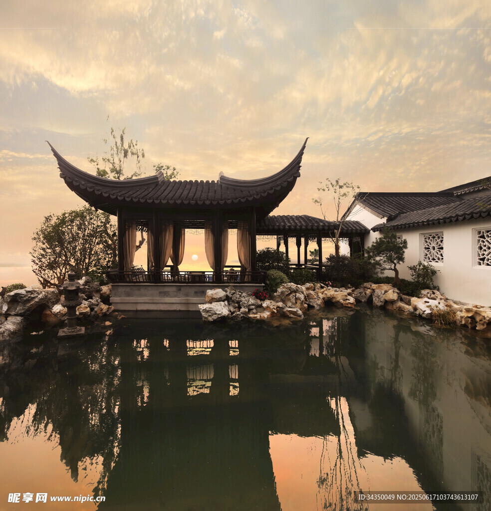 中式園林水畔亭閣美景