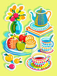 茶具與水果插畫