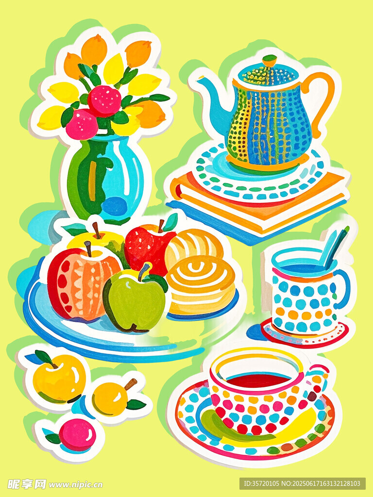 茶具與水果插畫