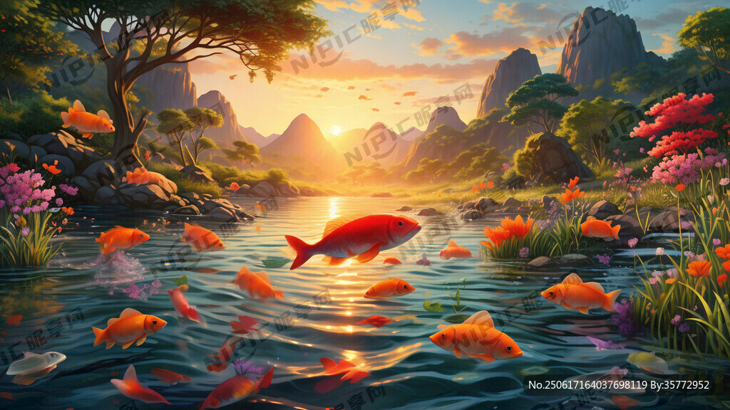 中間河里有9條跳躍的魚、有山有