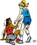 女運動員賽后相互扶持場景