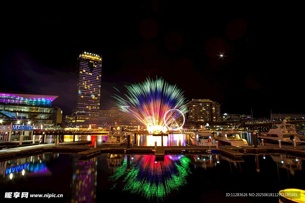 城市夜景中的絢麗煙花綻放