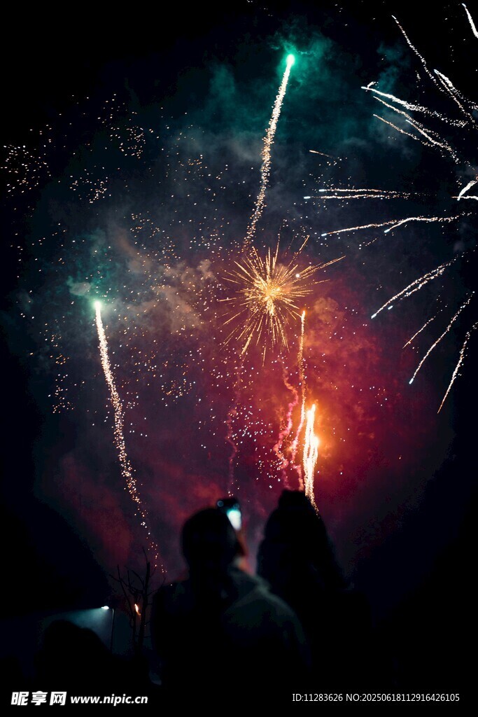 夜空中絢爛的煙花與人影