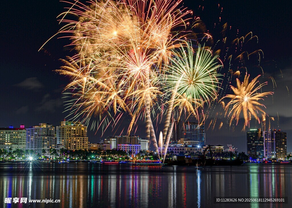 城市夜空絢爛煙花綻放