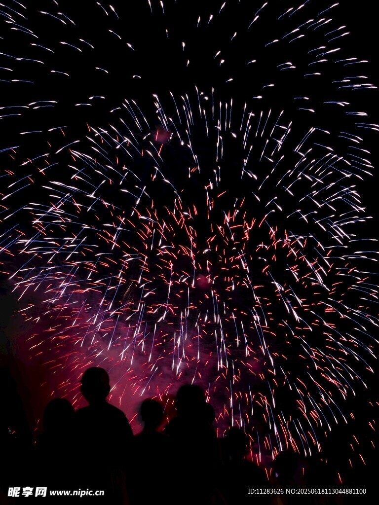 夜空中絢爛的煙花與人影