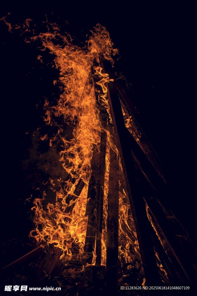 篝火熊熊燃燒的夜晚景象