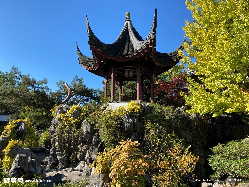 中式古亭掩映于繁茂綠植