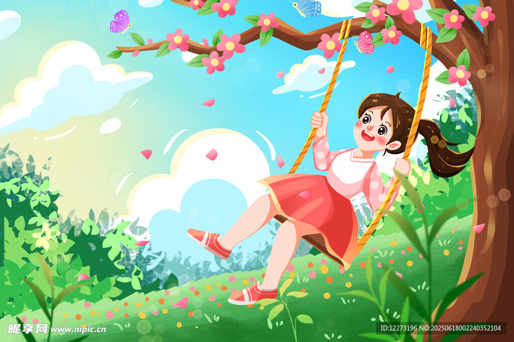 女孩在春日花下愜意蕩秋千