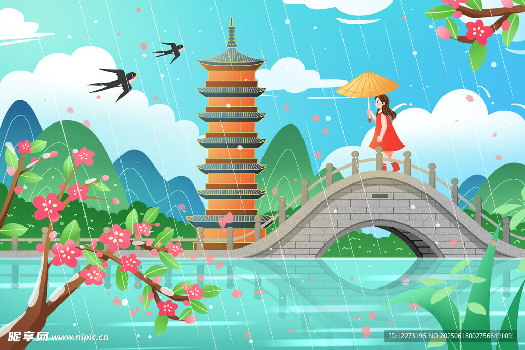 春日湖畔少女漫步賞景