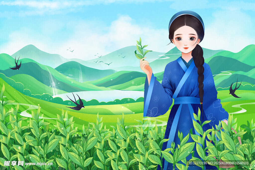 古裝女子于茶園悠然賞茶