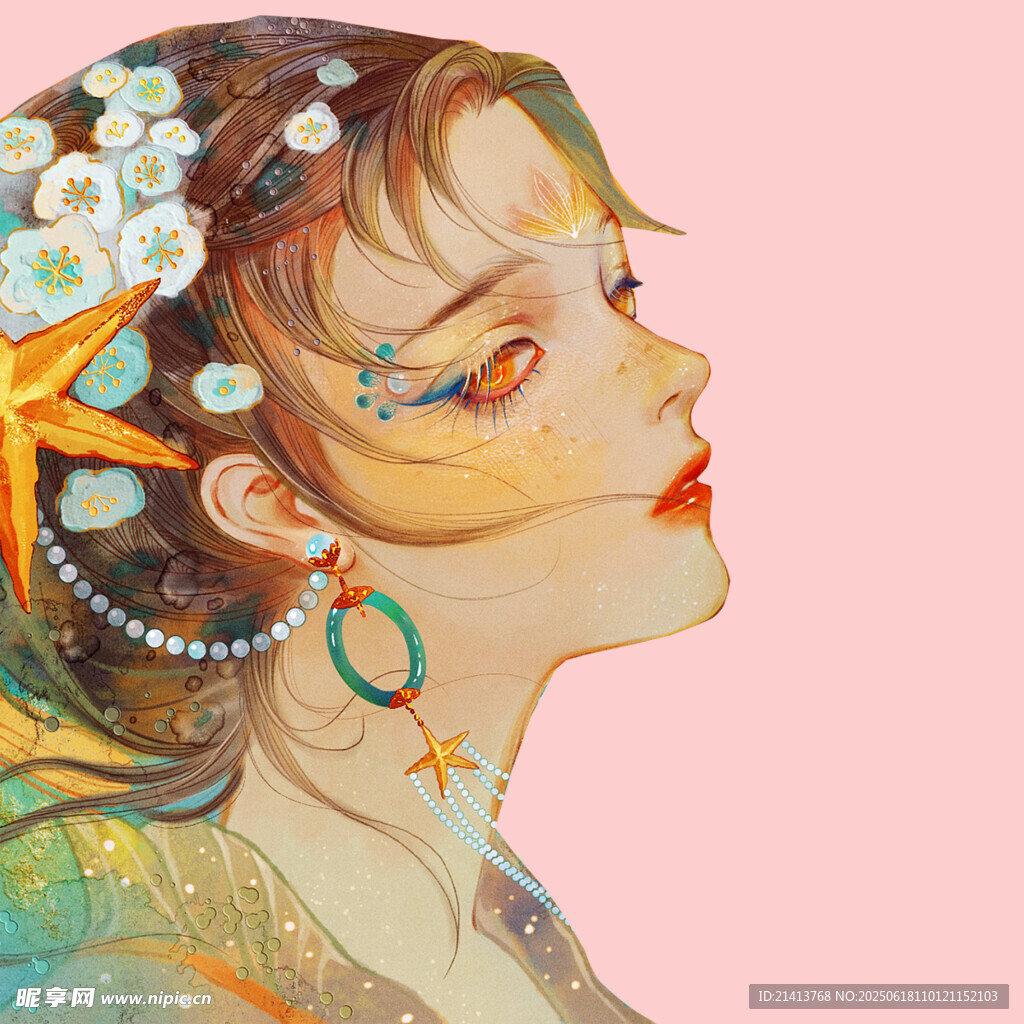 夢幻海元素少女側臉插畫