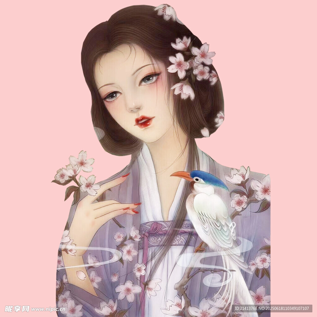 古風和服女子與花鳥圖