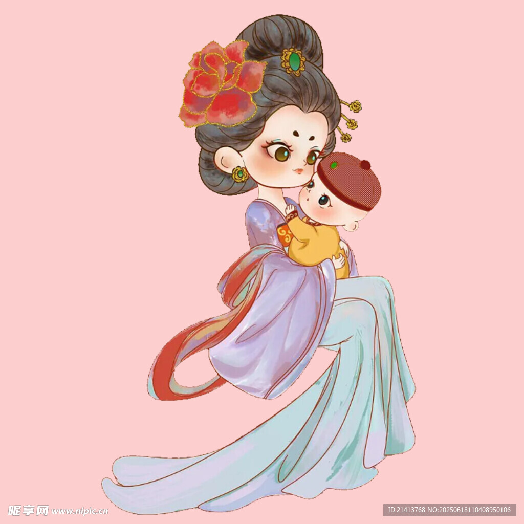 古風萌趣仕女懷抱玩偶