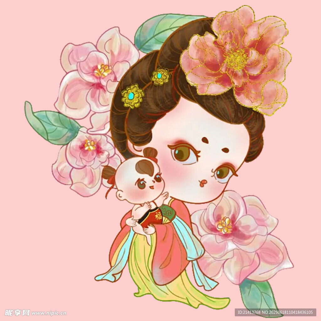 唐韻仕女與萌貓插畫
