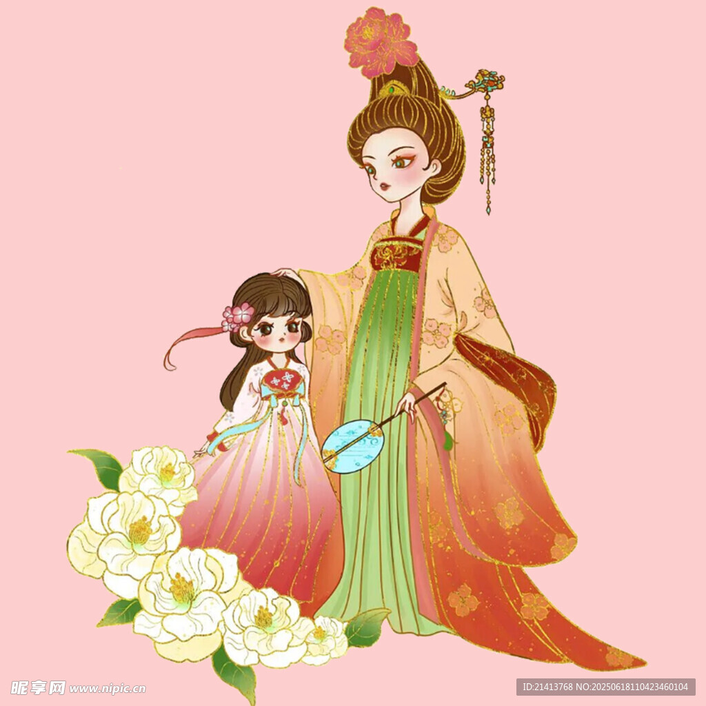 古風母女賞花圖