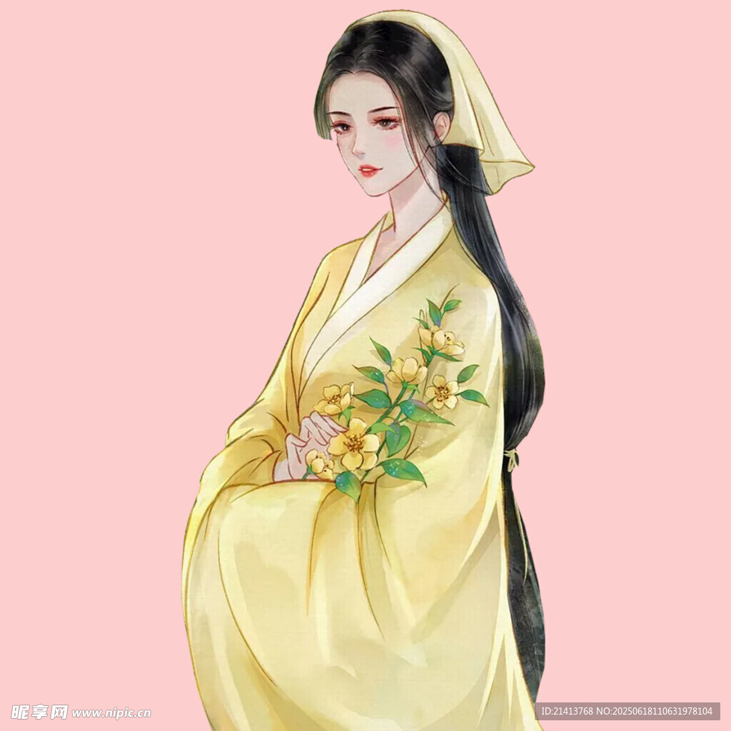 古風(fēng)黃衣女子手持花枝