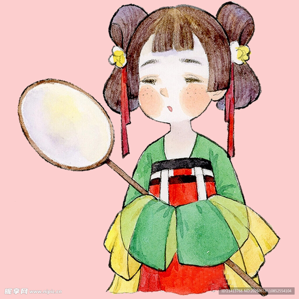 古風(fēng)雙髻少女持扇圖