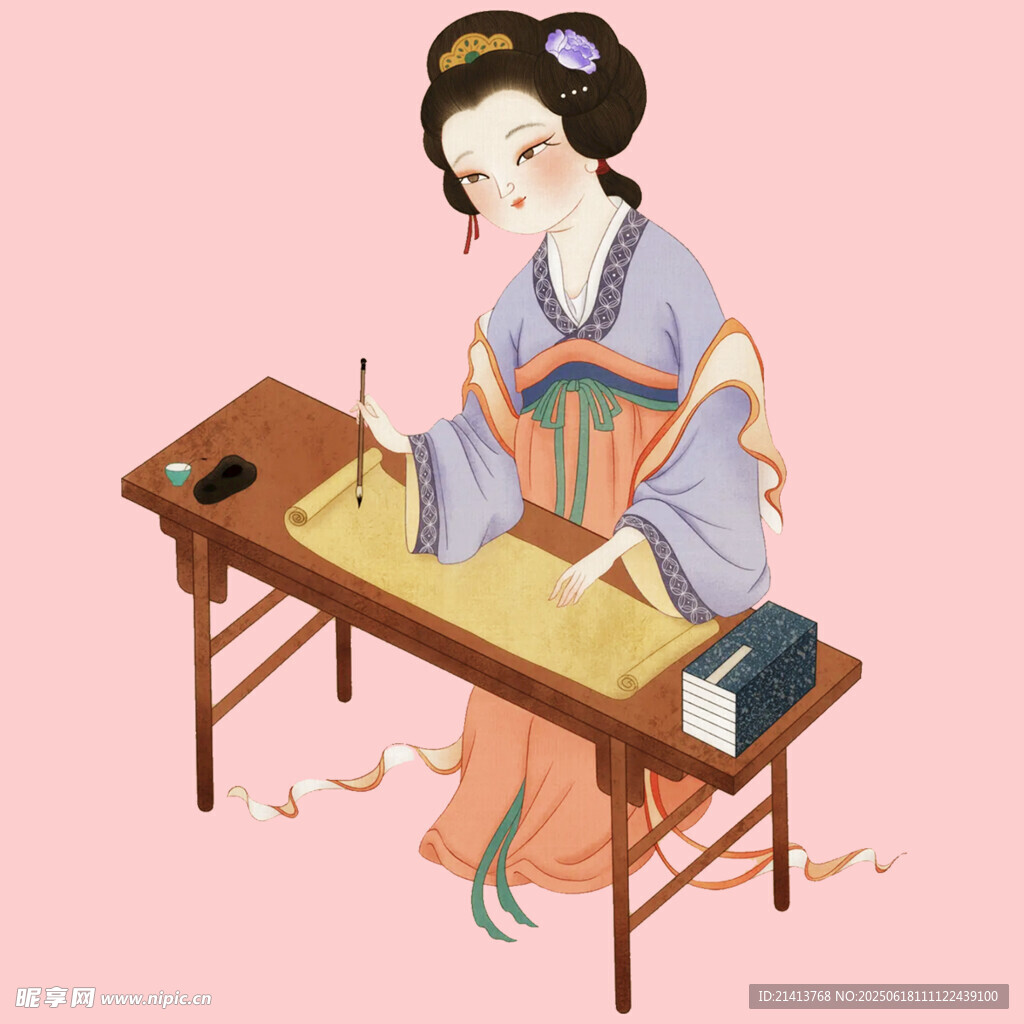 古風女子伏案揮毫書寫