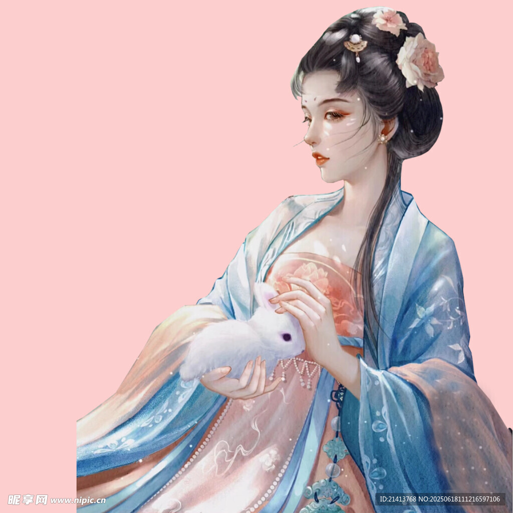 古風佳人抱白兔持扇