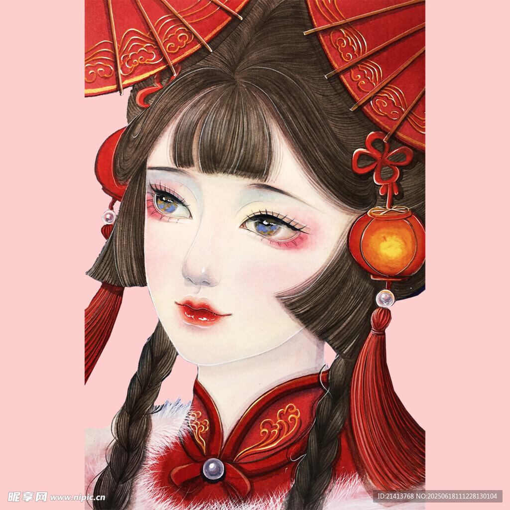 古風雙辮少女持紅傘