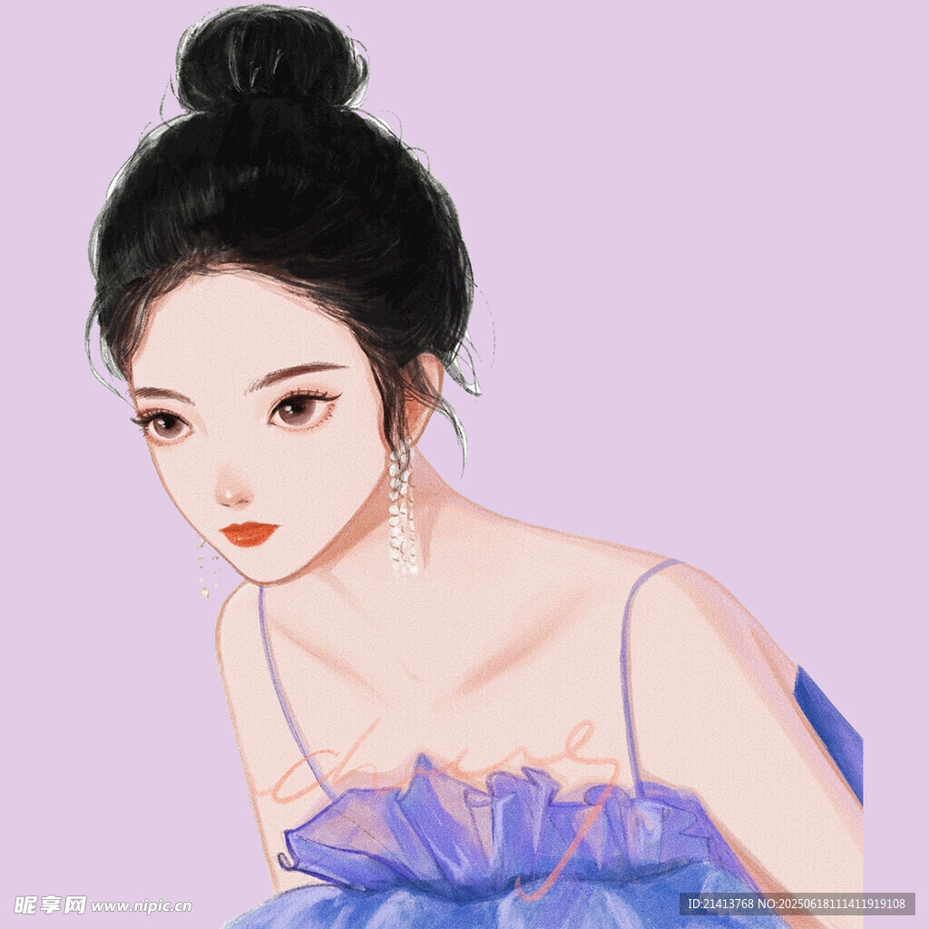 優雅藍裙盤發少女