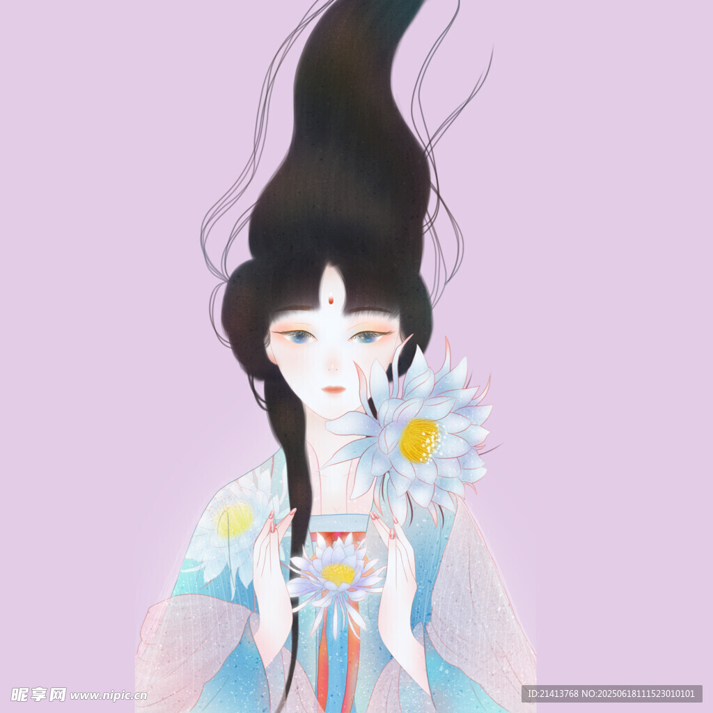 古風少女手持雛菊賞景