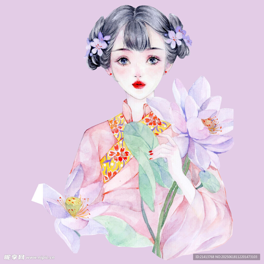 古風少女持花圖