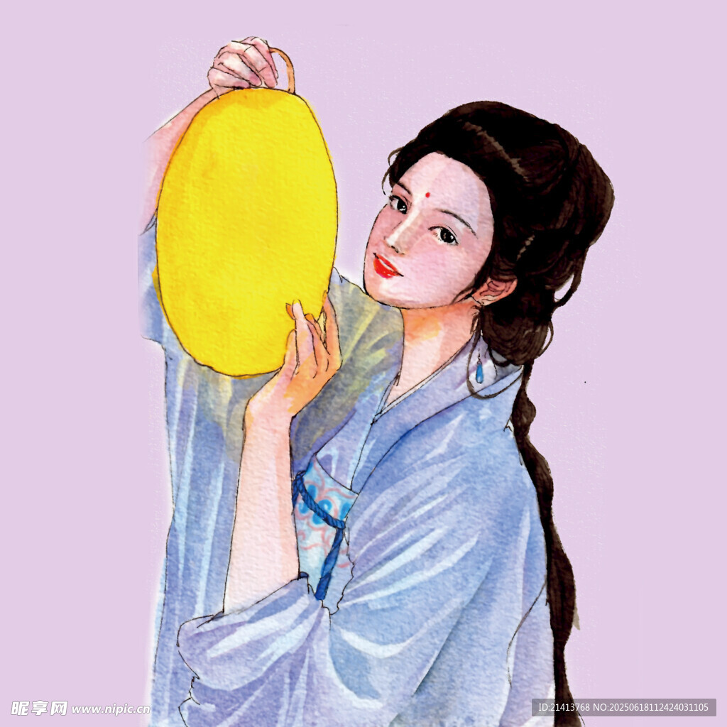 古風女子持圓物淺笑