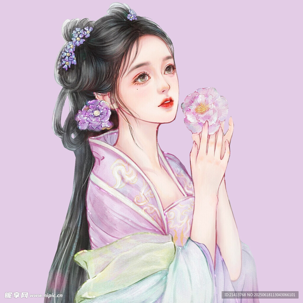 古風佳人手持夢幻花朵