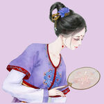古典紫衣女子持扇賞景