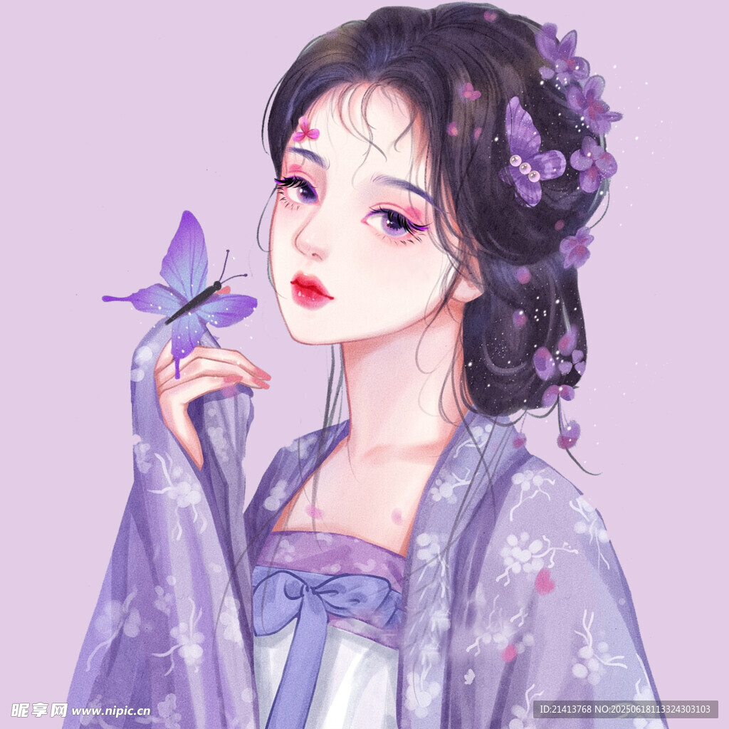 古風紫衣女子與蝶相伴