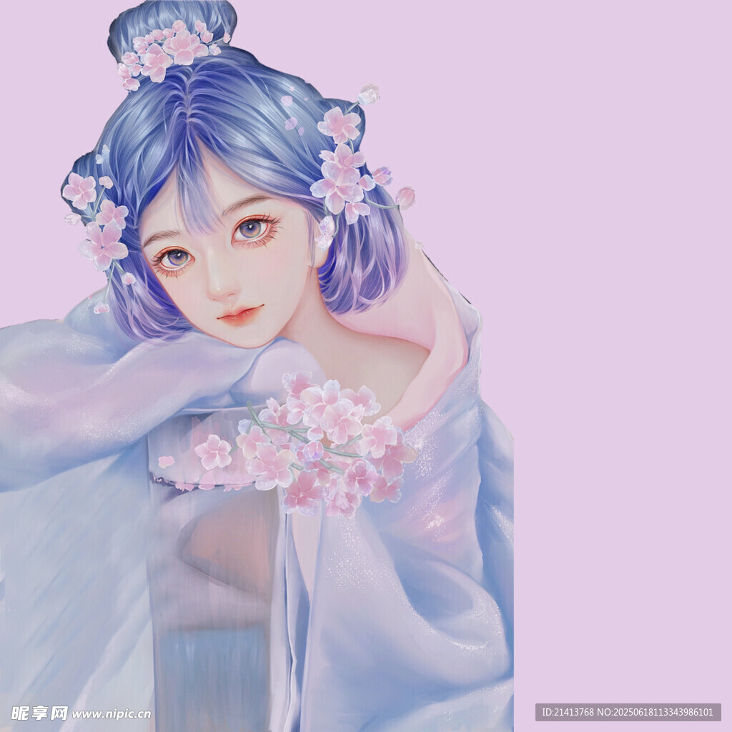 古風藍發少女優雅姿態