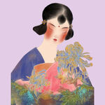 復古風女子與花卉插畫