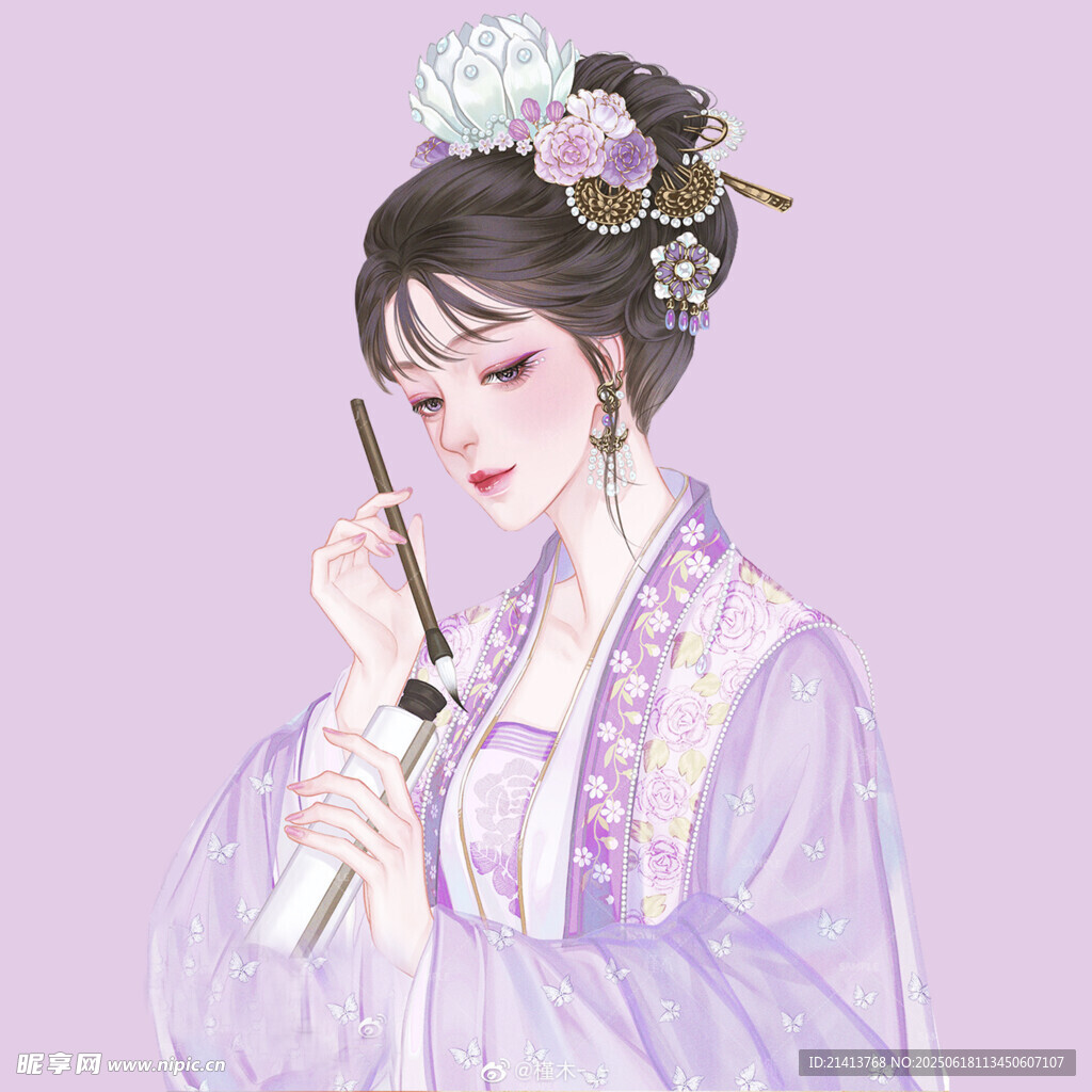 古風紫衣持扇古典美人